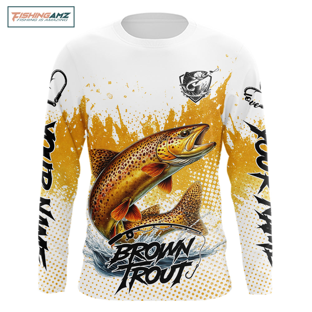 Custom Brown Trout Long Sleeve Fishing Shirts Yellow Camo Fishing Lures, Custom Fishing Jerseys NBT377