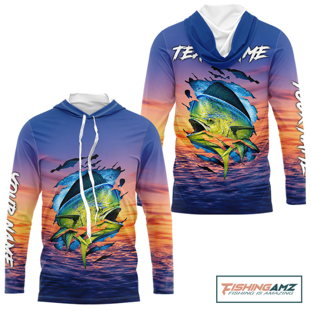 Front and back view of Mahi Mahi Fishing Sunset custom long sleeve hooded fishing shirt, mahi mahi offshore fishing apparel with sunset mahi mahi graphic