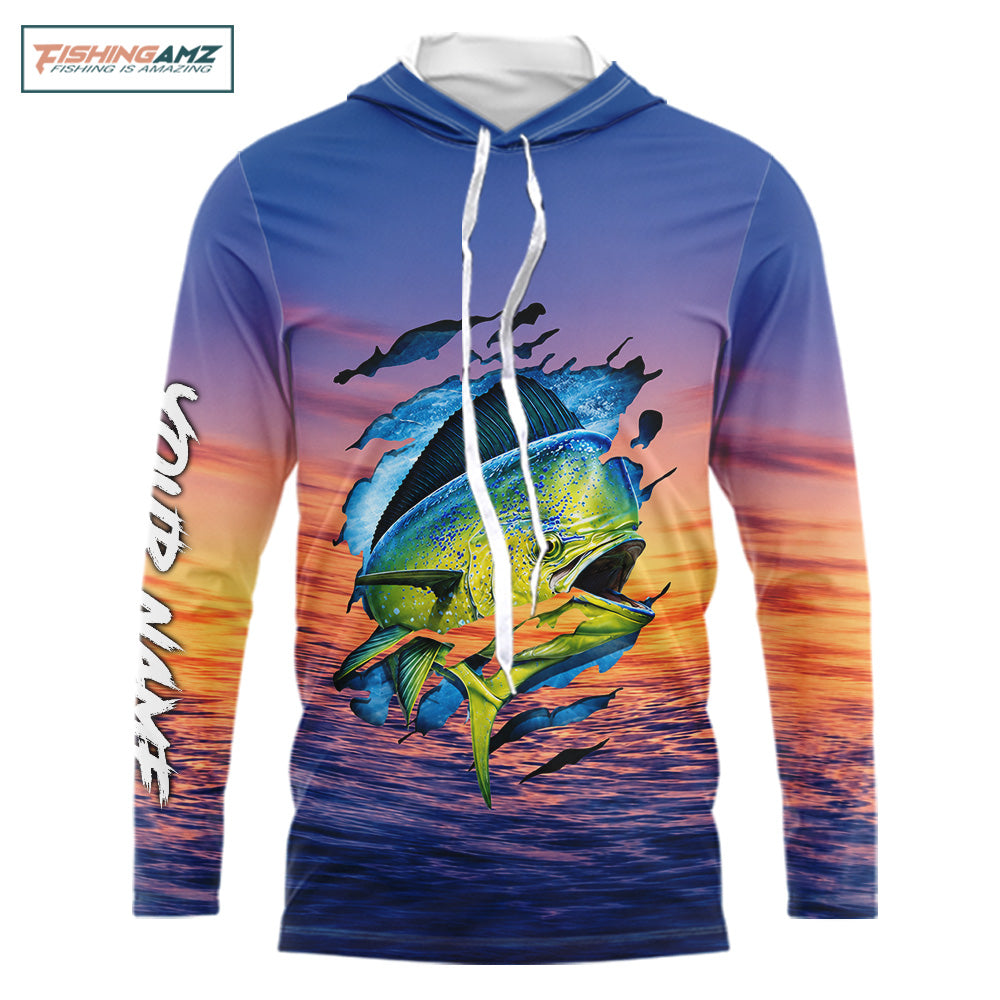 Front view Mahi Mahi Fishing Sunset custom long sleeve hooded fishing shirt, marlin offshore fishing apparel with sunset marlin graphic