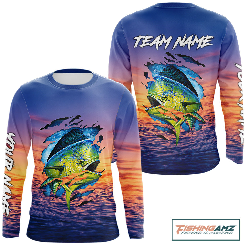 Front and back view Mahi Mahi Fishing Sunset custom long sleeve fishing shirt, mahi mahi offshore fishing apparel with sunset marlin graphic