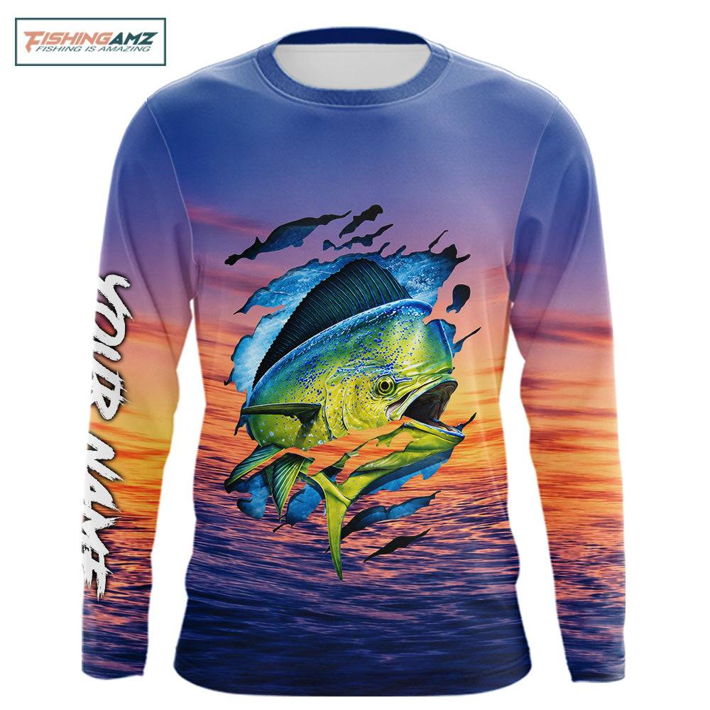 Front view Mahi Mahi Fishing Sunset custom long sleeve fishing shirt, mahi mahi offshore fishing apparel with sunset marlin graphic and personalized name