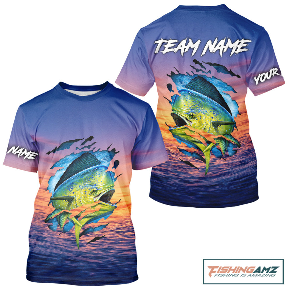 Mahi Mahi Fishing Sunset Custom Fishing Fishing T-Shirts, Mahi Mahi Offshore Fishing Apparel NBT854
