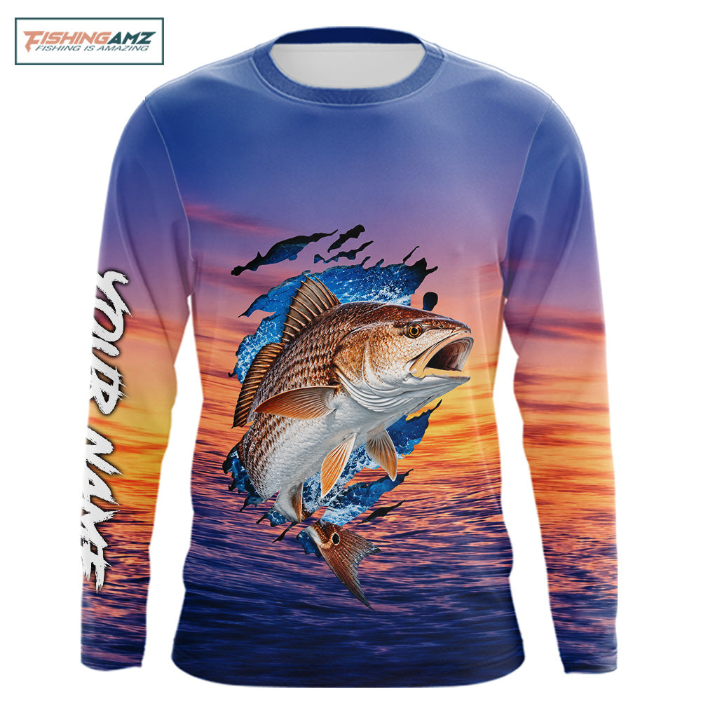 Front view of Redfish Fishing Sunset custom long sleeve fishing shirt, redfish offshore fishing apparel with sunset marlin graphic