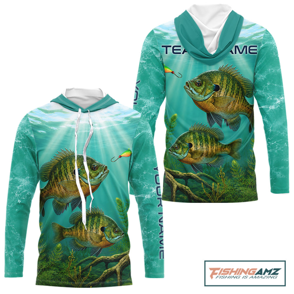 Front view Custom Bluegill Fishing Jersey long sleeve hooded tournament shirt, bluegill fishing jersey with UPF protection