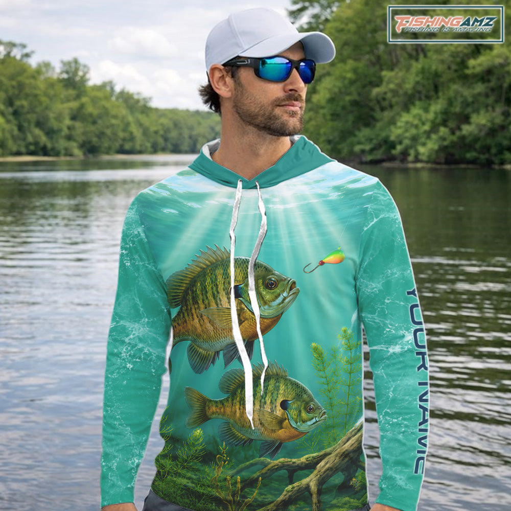 Angler wearing Custom Bluegill Fishing Jersey long sleeve hooded tournament fishing shirt on the boat