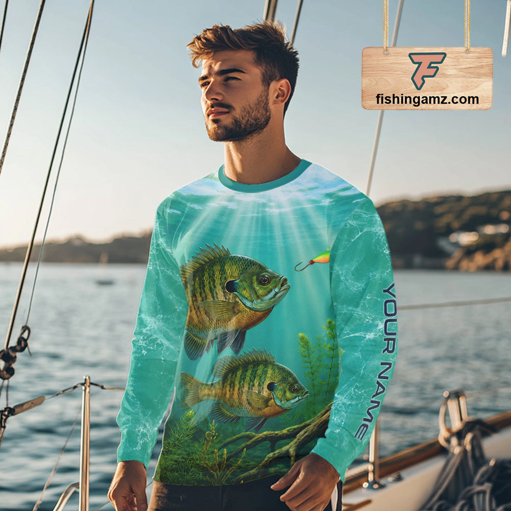 Angler wearing Custom Bluegill Fishing Jersey long sleeve hooded tournament fishing shirt with personalized name on the sleeve.