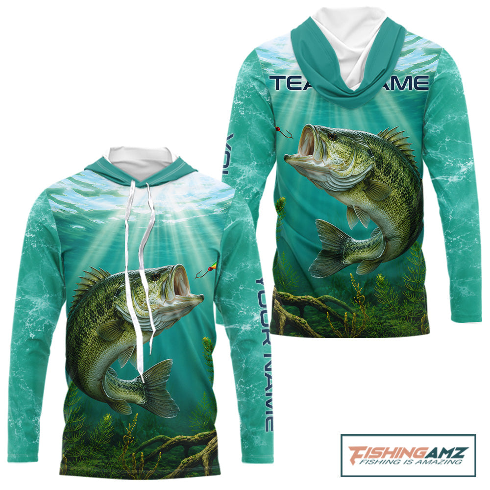 Front and back view of Custom Bass Fishing Jersey long sleeve hooded tournament shirt, bass fishing jersey with UPF protection