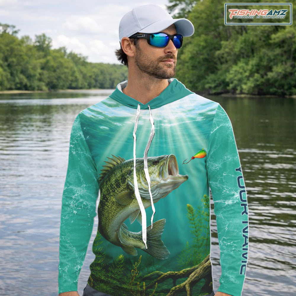 Angler wearing Custom Bass Fishing Jersey long sleeve hooded tournament fishing shirt