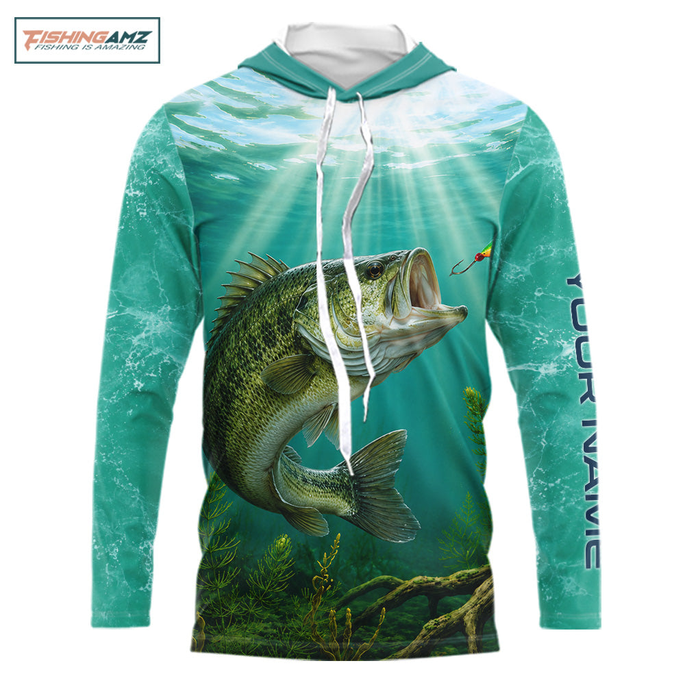 Front view Custom Bass Fishing Jersey long sleeve hooded tournament shirt, bass fishing jersey with UPF protection