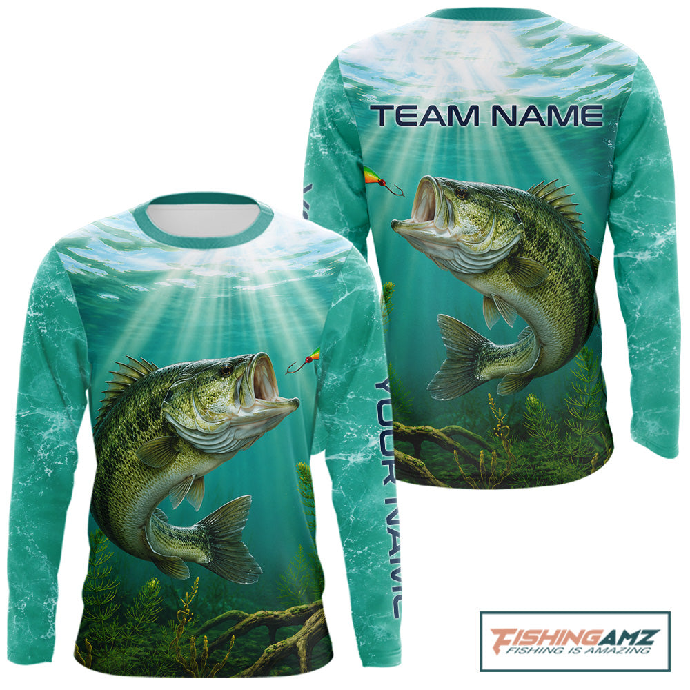 Front and back view Custom Bass Fishing Jersey long sleeve tournament shirt, bass fishing jersey with UPF protection and personalized name