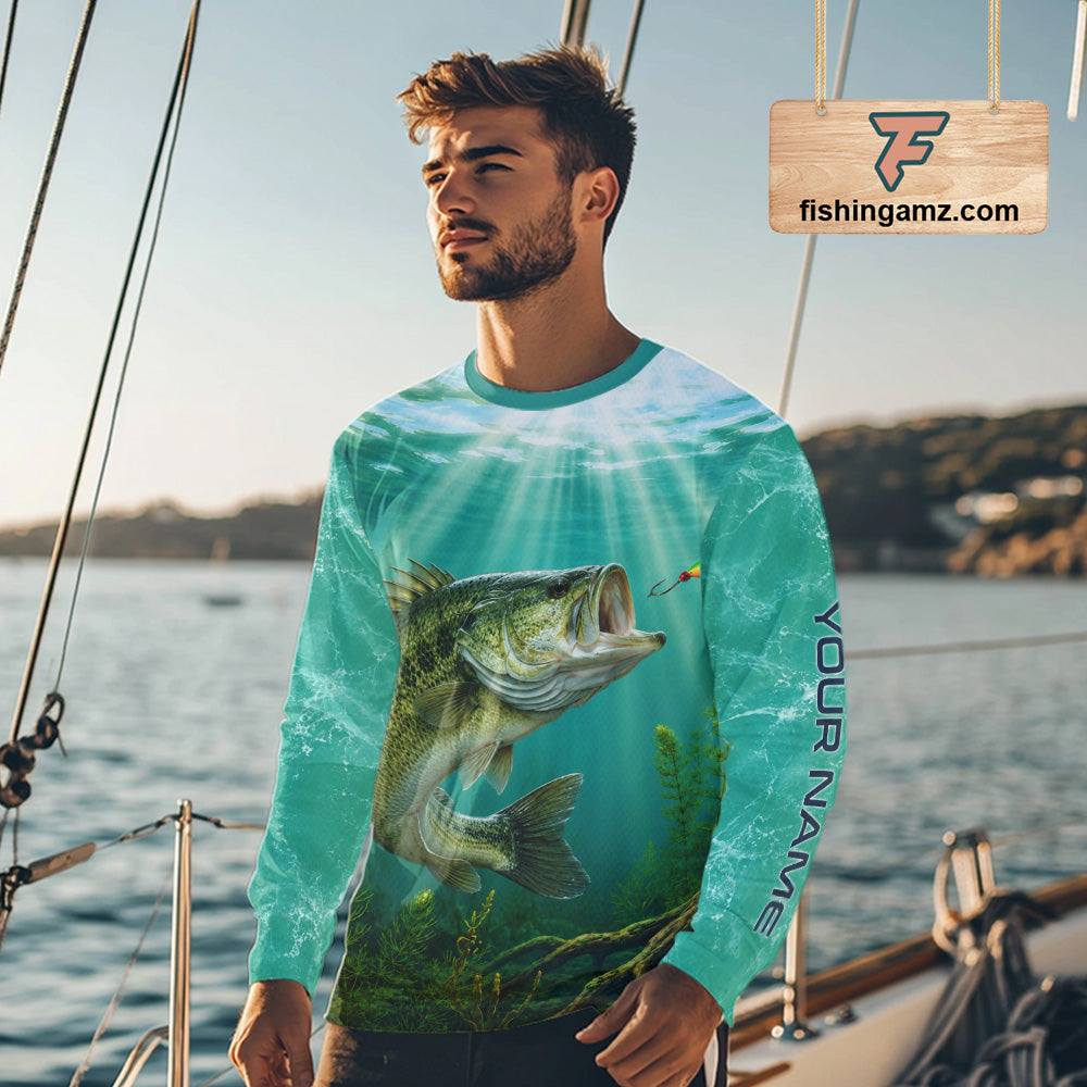 Angler wearing Custom Bass Fishing Jersey long sleeve tournament fishing shirt with personalized name on the sleeve.