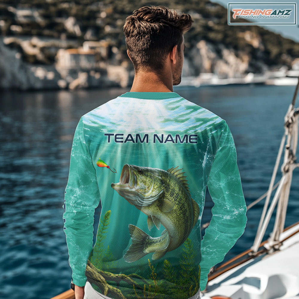 Angler wearing Custom Bass Fishing Jersey long sleeve hooded tournament fishing shirt with personalized name on the sleeve.