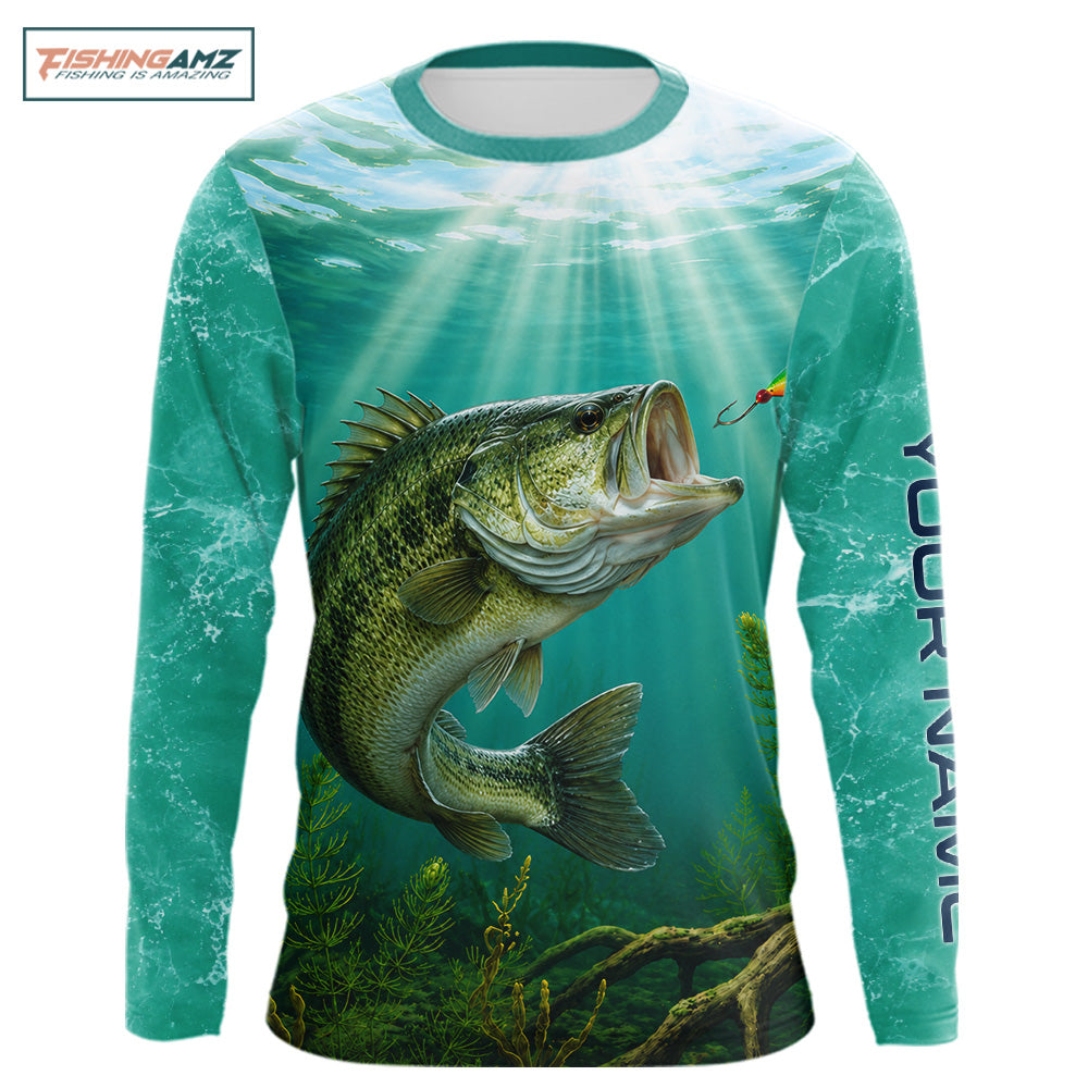Front view Custom Bass Fishing Jersey long sleeve hooded tournament shirt, bass fishing jersey with UPF protection