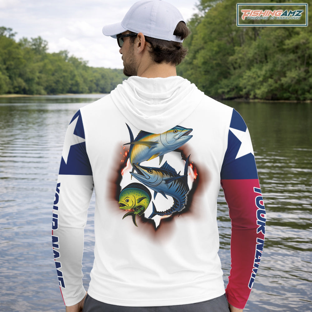 Personalized Texas Flag Mahi Mahi, Wahoo, Tuna Performance Long Sleeve Hooded Fishing Shirts NBT690