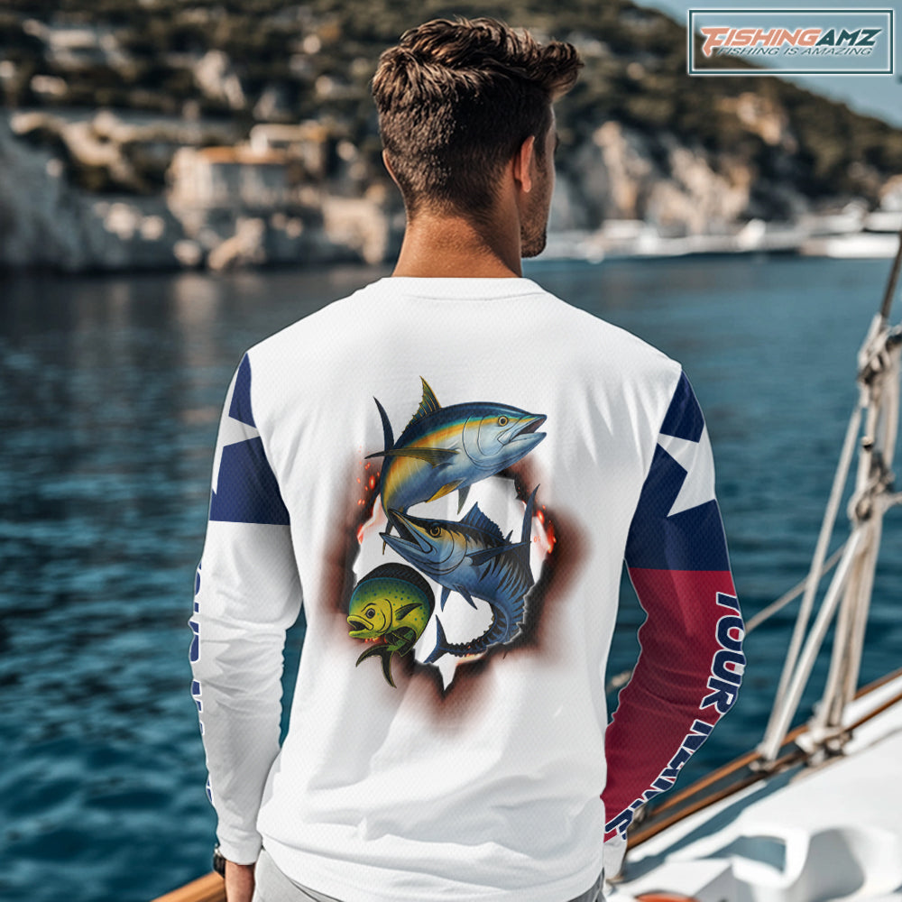 Personalized Texas Flag Mahi Mahi, Wahoo, Tuna Performance Long Sleeve Fishing Shirts NBT690