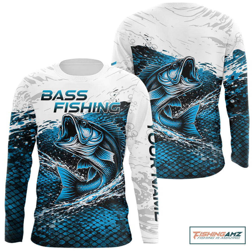 Custom Largemouth Bass Fish Scale Fishing Shirts, Bass Fishing Jerseys|Blue NBT351