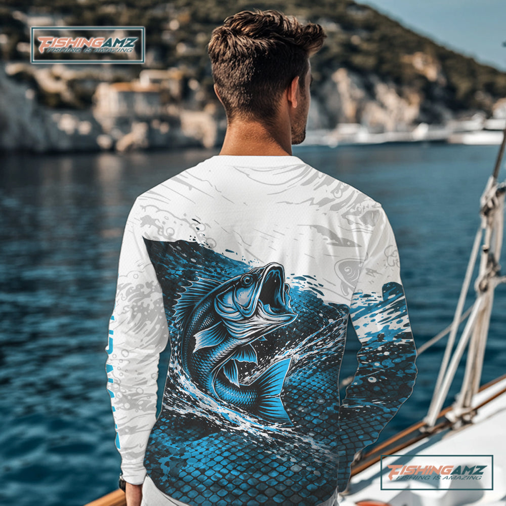 Custom Largemouth Bass Fish Scale Fishing Shirts, Bass Fishing Jerseys|Blue NBT351