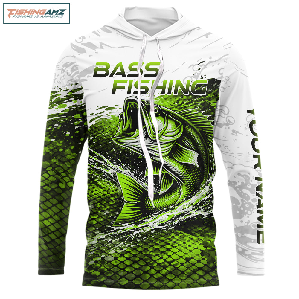 Custom largemouth bass fish scale green long sleeve hooded fishing shirt front view