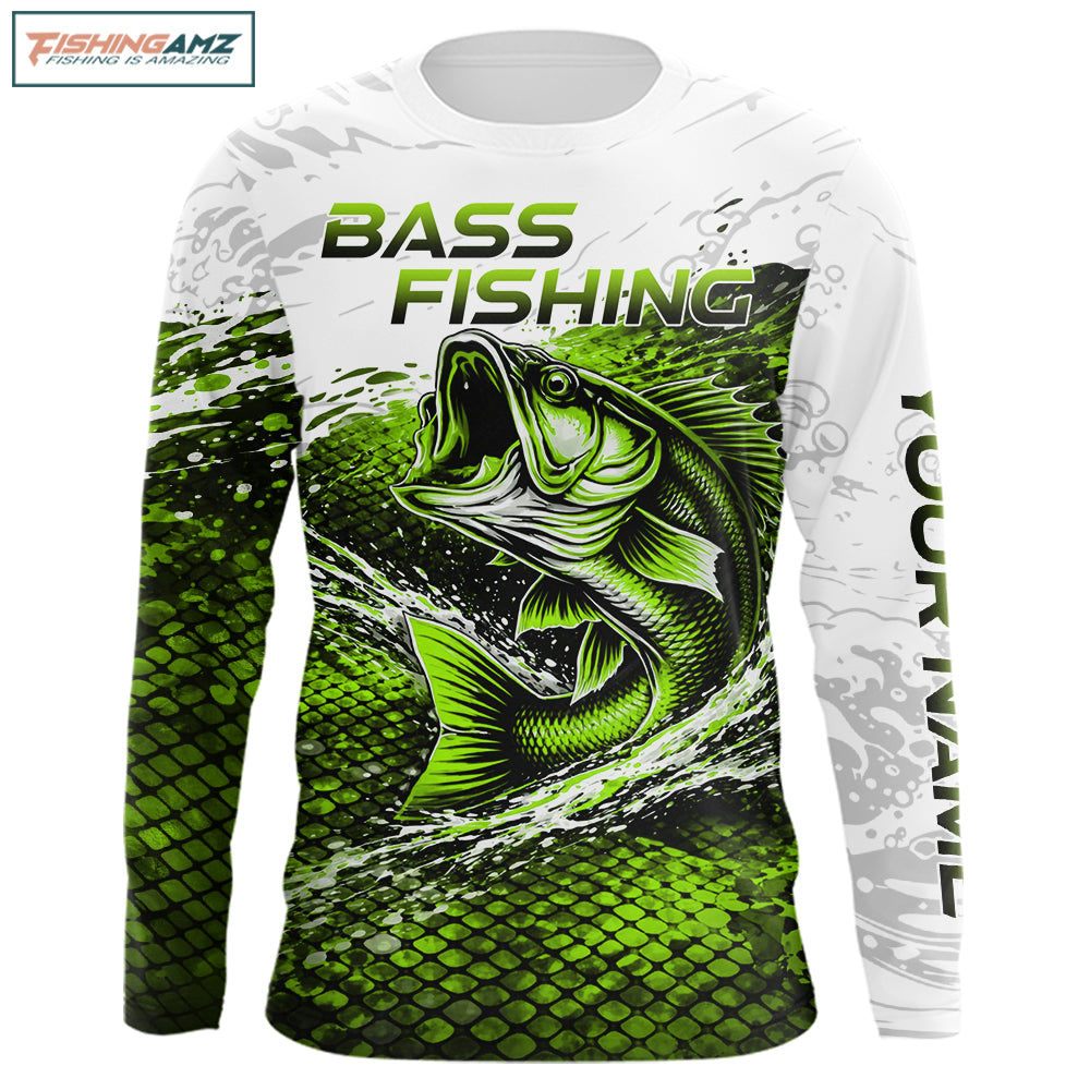 Custom largemouth bass fish scale green long sleeve fishing shirt front view