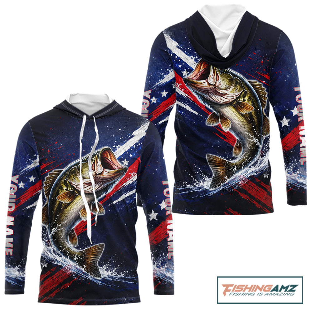 American Flag Bass Long Sleeve Hooded Fishing Shirts, Bass Fishing Tournament Shirts| Blue NBT433