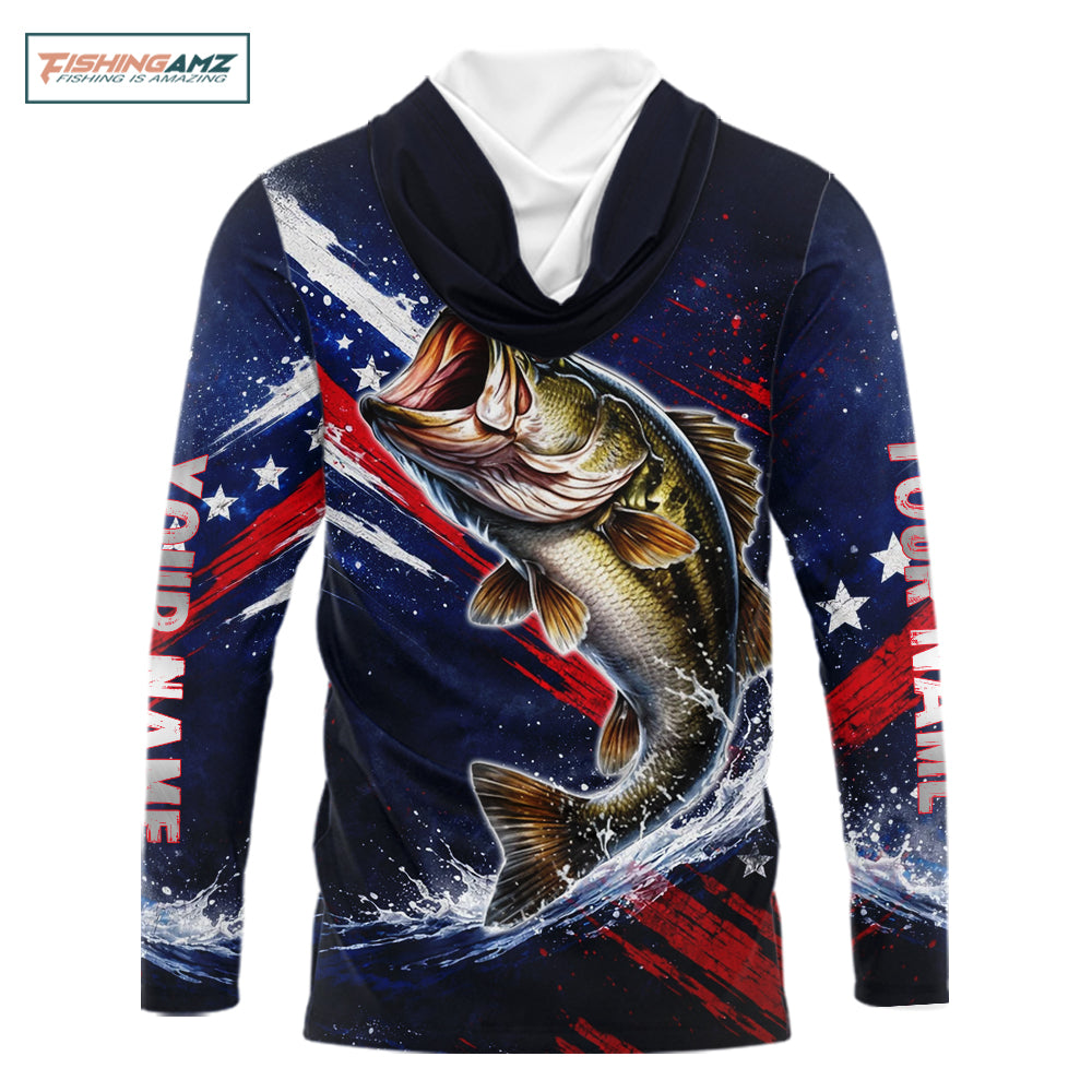American Flag Bass Long Sleeve Hooded Fishing Shirts, Bass Fishing Tournament Shirts| Blue NBT433