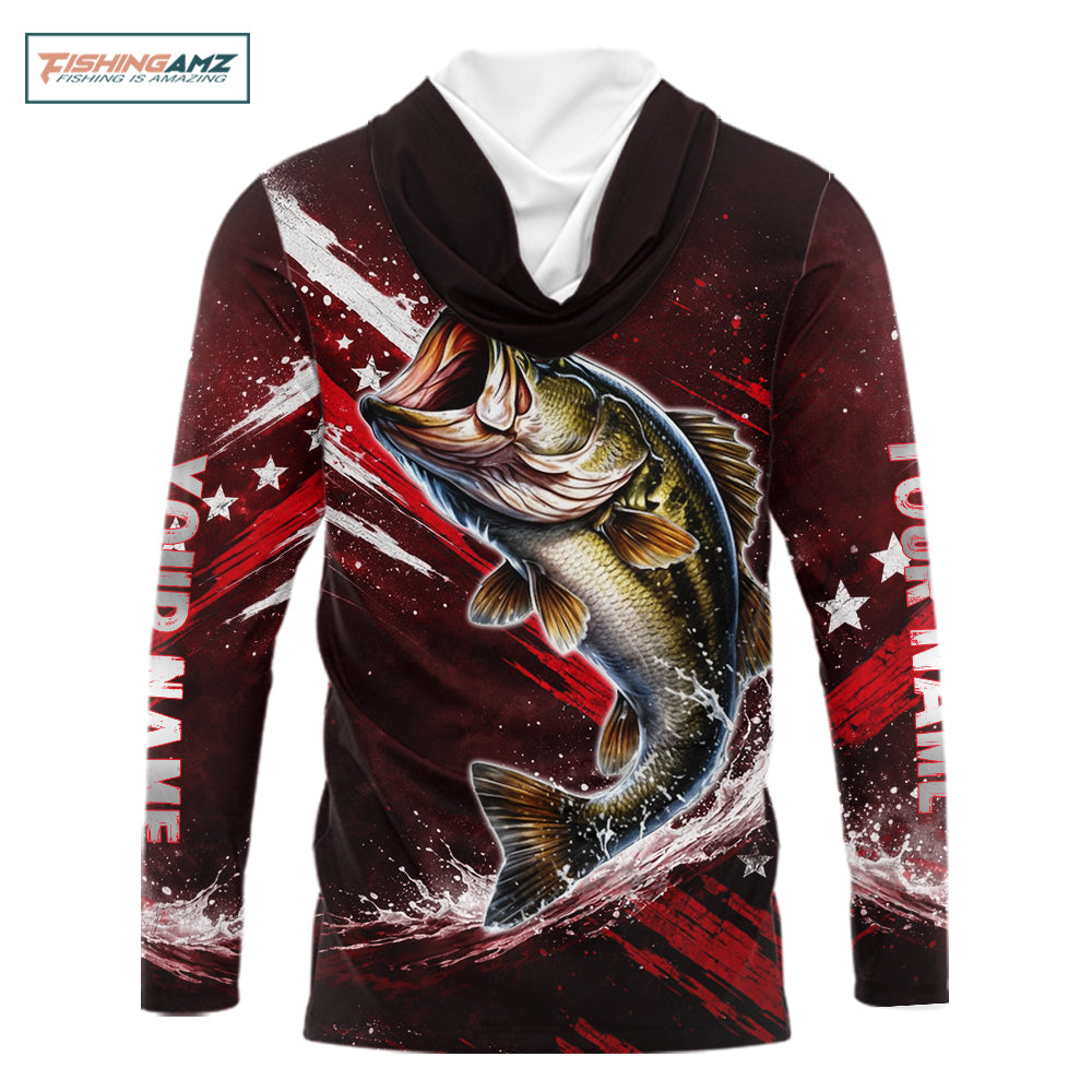 American Flag Bass Long Sleeve Hooded Fishing Shirts, Bass Fishing Tournament Shirts|Red NBT434
