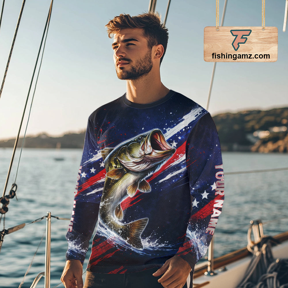 American Flag Fishing Shirt, Bass Fishing Shirts Long Sleeve, Bass Fishing Tournament Shirts|Red NBT433