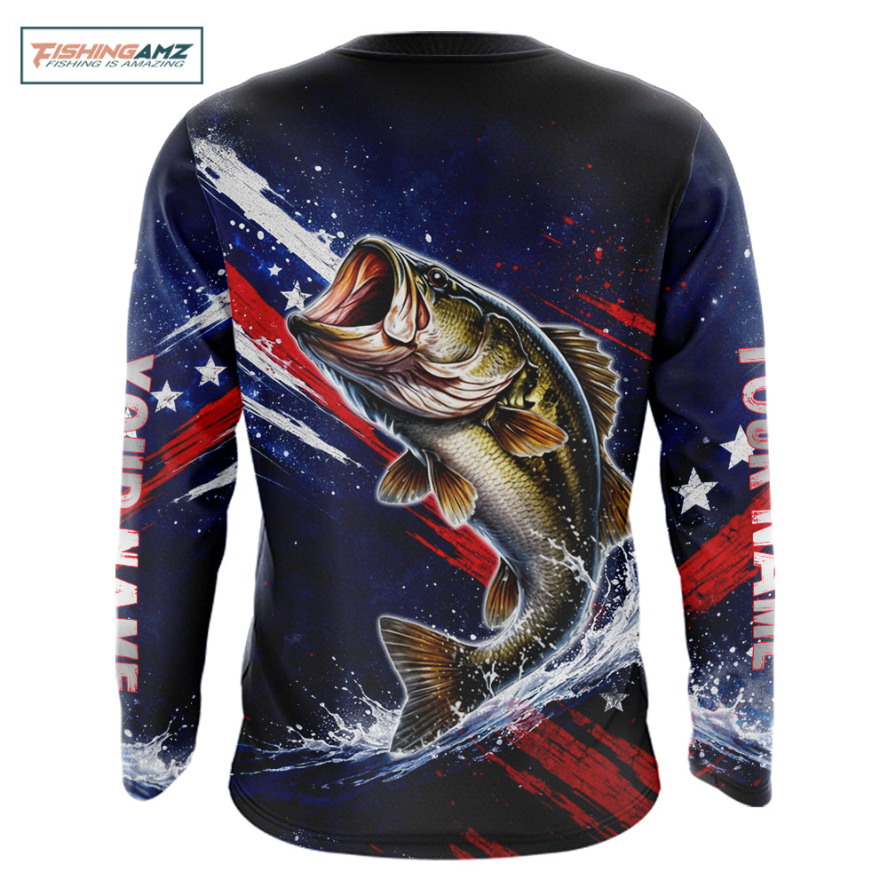American Flag Fishing Shirt, Bass Fishing Shirts Long Sleeve, Bass Fishing Tournament Shirts|Red NBT433