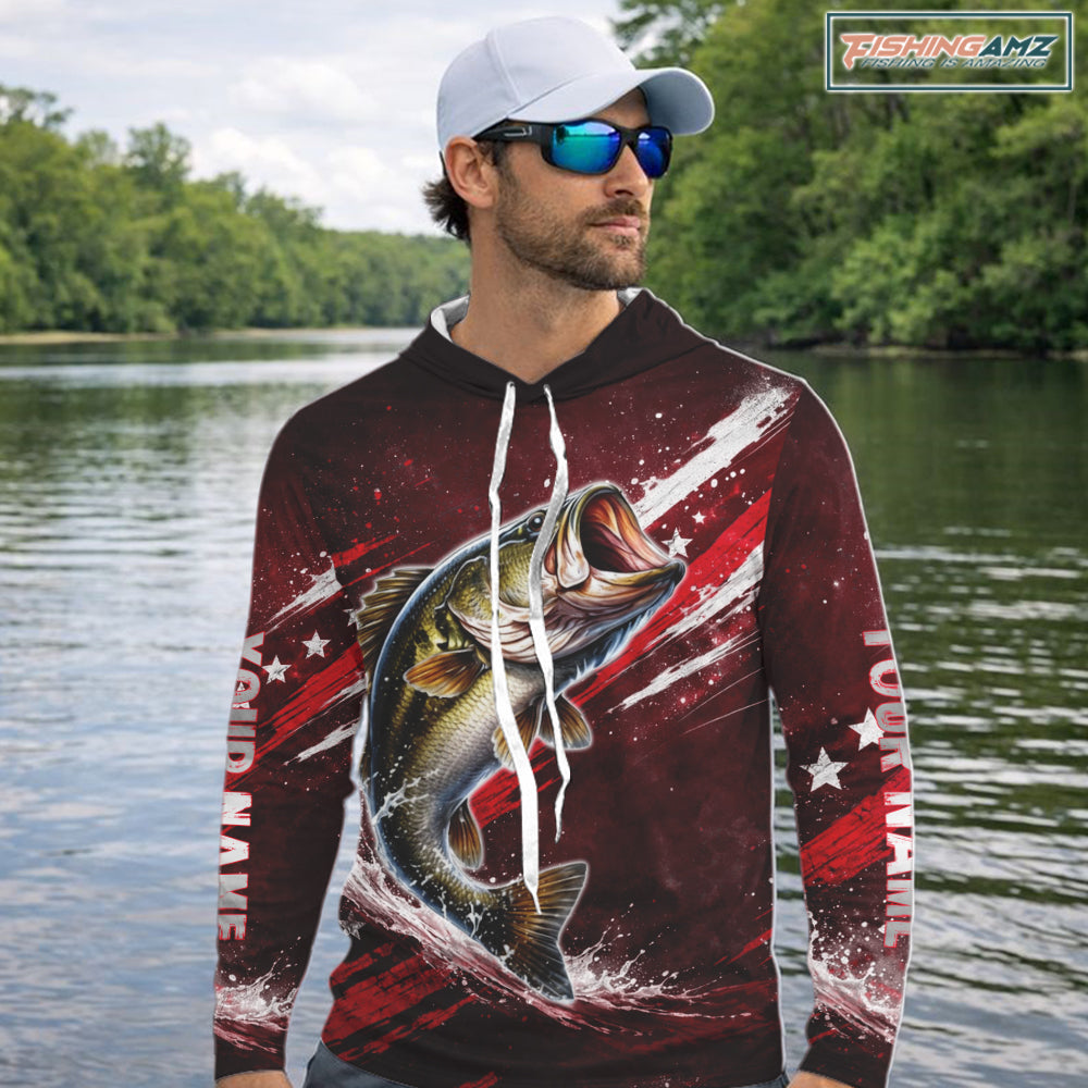 American Flag Bass Long Sleeve Hooded Fishing Shirts, Bass Fishing Tournament Shirts|Red NBT434