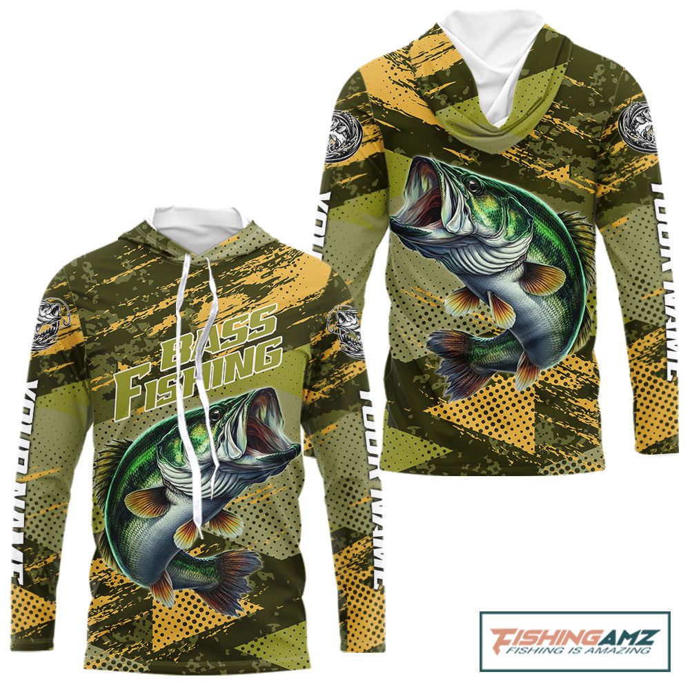 Green Camo Custom Largemouth Bass Hooded Fishing Shirts For Men, Bass Fishing Jerseys NBT438