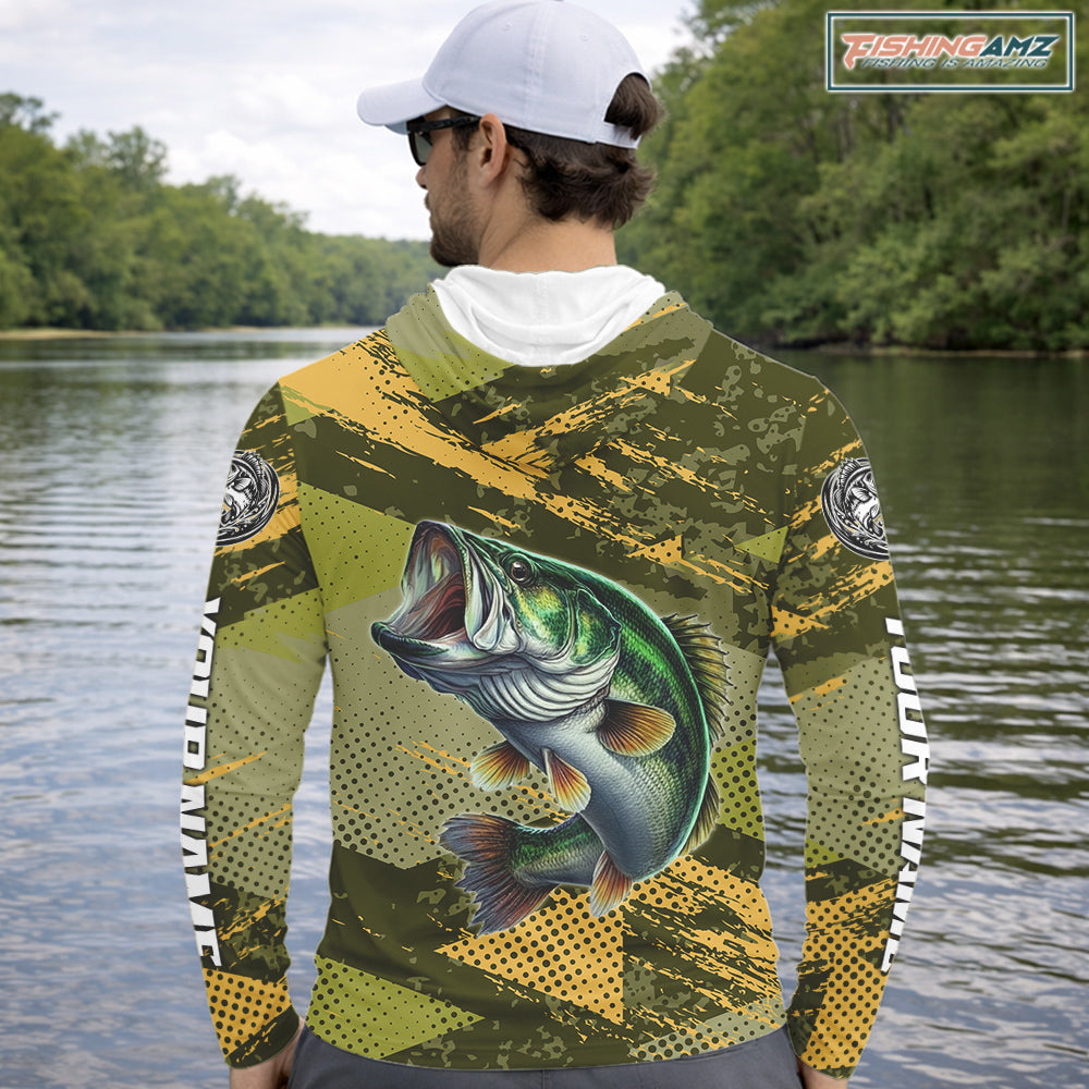 Green Camo Custom Largemouth Bass Hooded Fishing Shirts For Men, Bass Fishing Jerseys NBT438