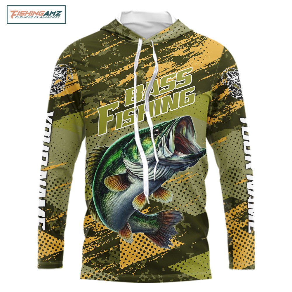 Green Camo Custom Largemouth Bass Hooded Fishing Shirts For Men, Bass Fishing Jerseys NBT438