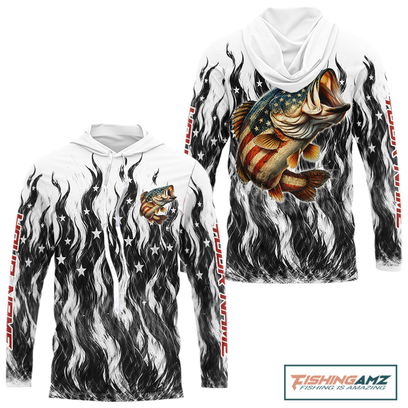 Black Camo American Flag Bass Long Sleeve Fishing Shirts, Patriotic Fishing Shirt NBT456