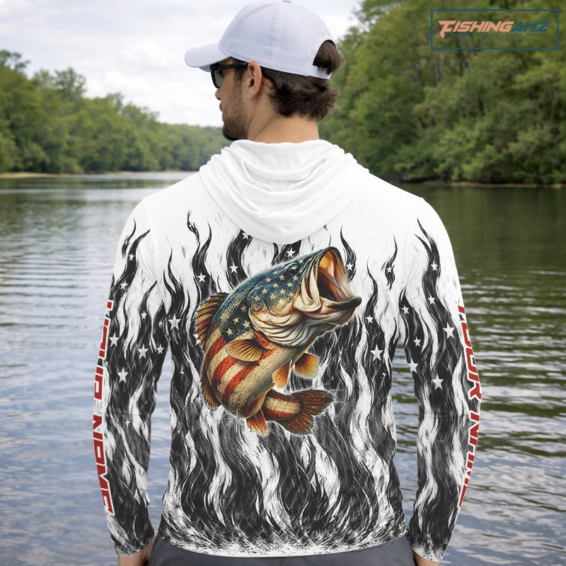 Black Camo American Flag Bass Long Sleeve Fishing Shirts, Patriotic Fishing Shirt NBT456