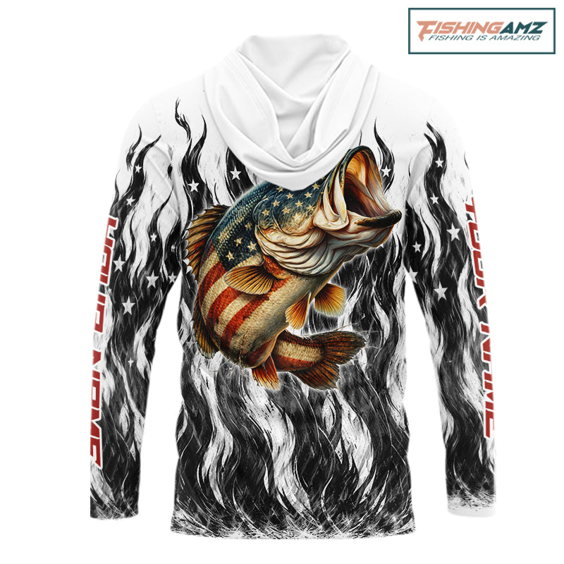Black Camo American Flag Bass Long Sleeve Fishing Shirts, Patriotic Fishing Shirt NBT456