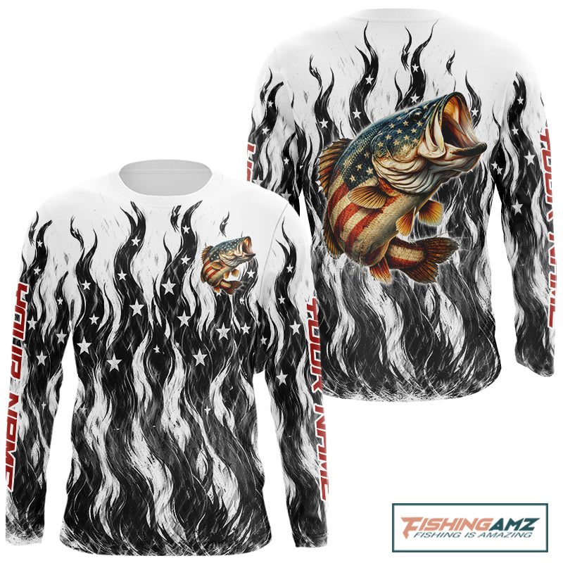 Black Camo American Flag Bass Fishing Shirts Long Sleeve, Patriotic Fishing Shirt NBT456