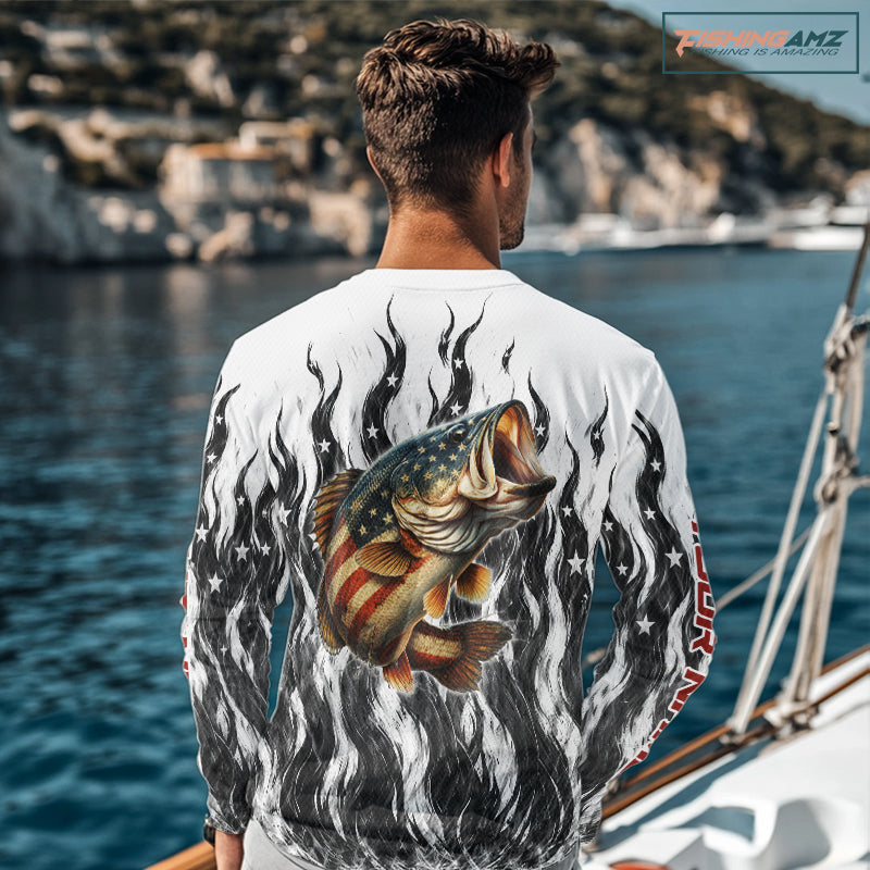Black Camo American Flag Bass Fishing Shirts Long Sleeve, Patriotic Fishing Shirt NBT456
