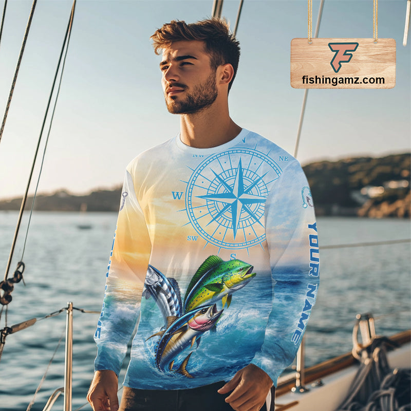 Angler wearing fishing shirt mahi mahi tuna on boat - custom name left sleeve offshore fishing