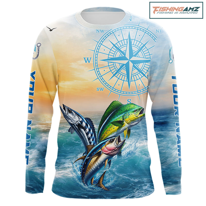 Custom fishing shirt blue mahi mahi wahoo tuna sunset design - front view offshore tournament