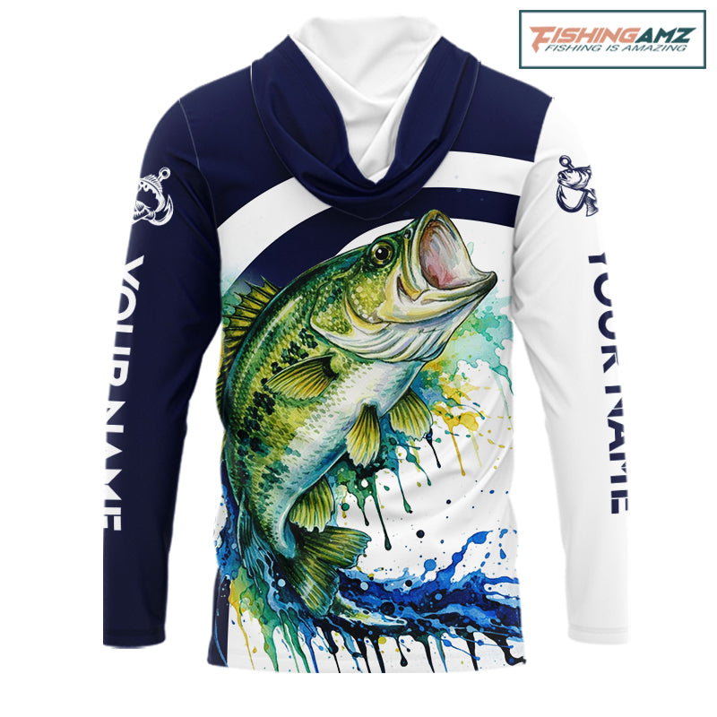 Custom Bass Fishing Shirts Long Sleeve Blue Camo Color Paint, Bass Fishing Shirts NBT461