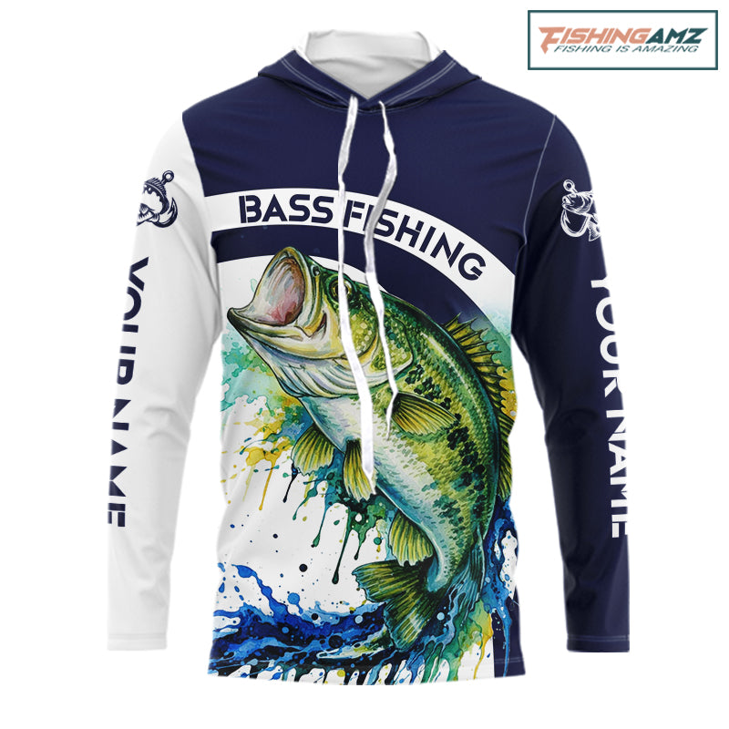 Custom Bass Fishing Shirts Long Sleeve Blue Camo Color Paint, Bass Fishing Shirts NBT461