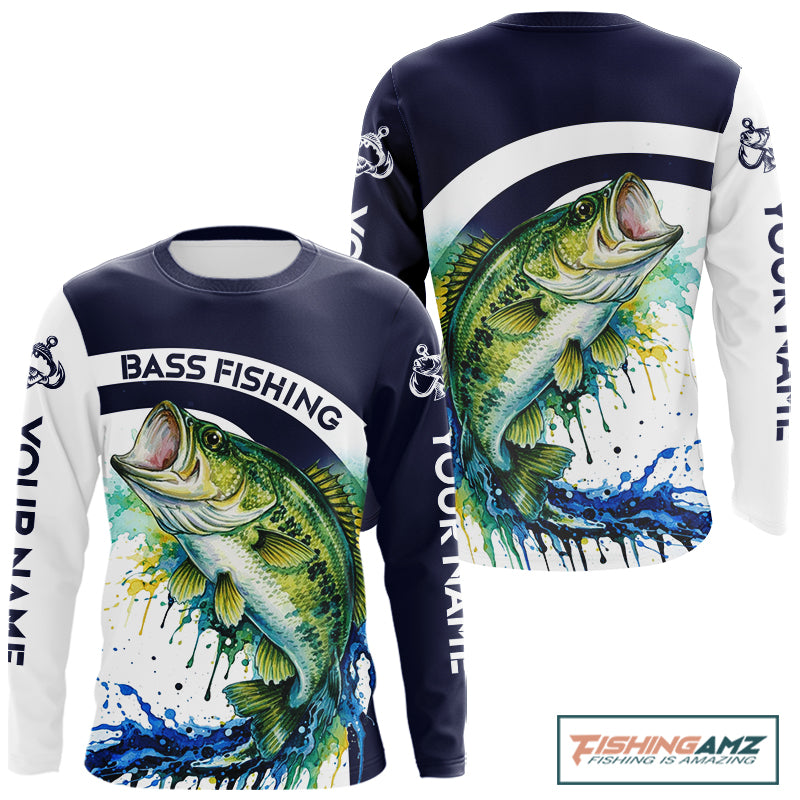 Custom Bass Fishing Shirts Long Sleeve Blue Camo Color Paint, Bass Fishing Shirts NBT461