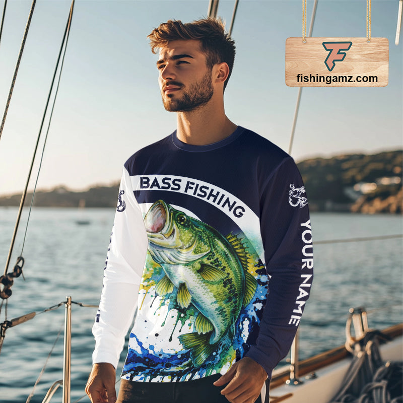 Custom Bass Fishing Shirts Long Sleeve Blue Camo Color Paint, Bass Fishing Shirts NBT461
