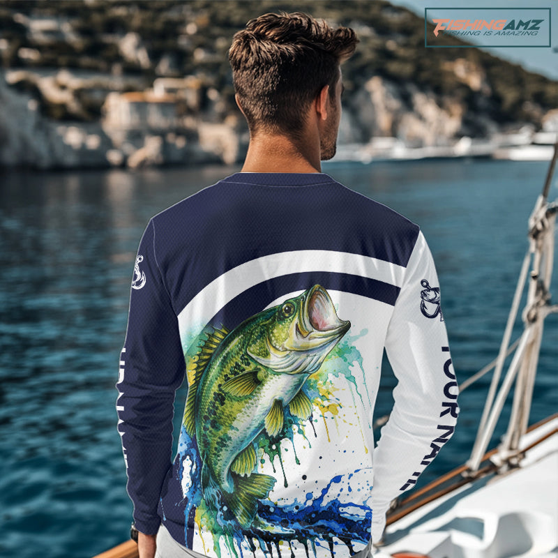 Custom Bass Fishing Shirts Long Sleeve Blue Camo Color Paint, Bass Fishing Shirts NBT461