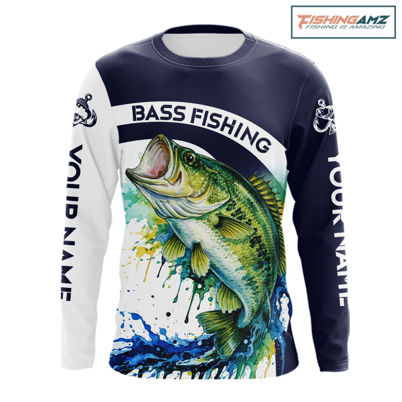 Custom Bass Fishing Shirts Long Sleeve Blue Camo Color Paint, Bass Fishing Shirts NBT461
