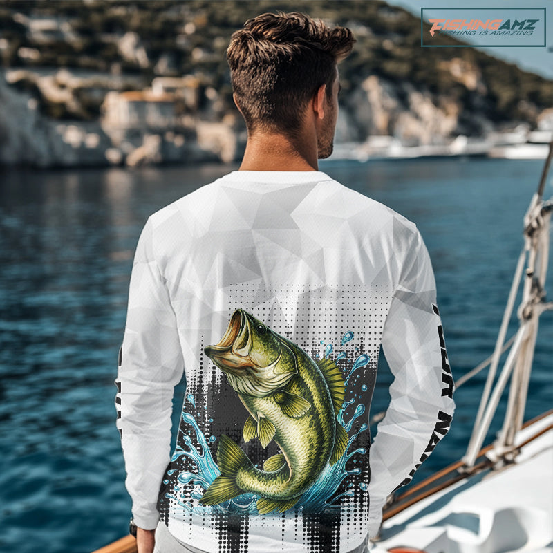 White Camo Bass Fishing Custom Name Long Sleeve Fishing Shirts With UV Protection NBT462