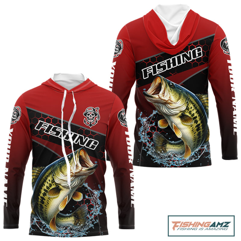 Largemouth Bass Hooded Fishing Shirts Red Camo Custom Name, Bass Fishing Shirts NBT463