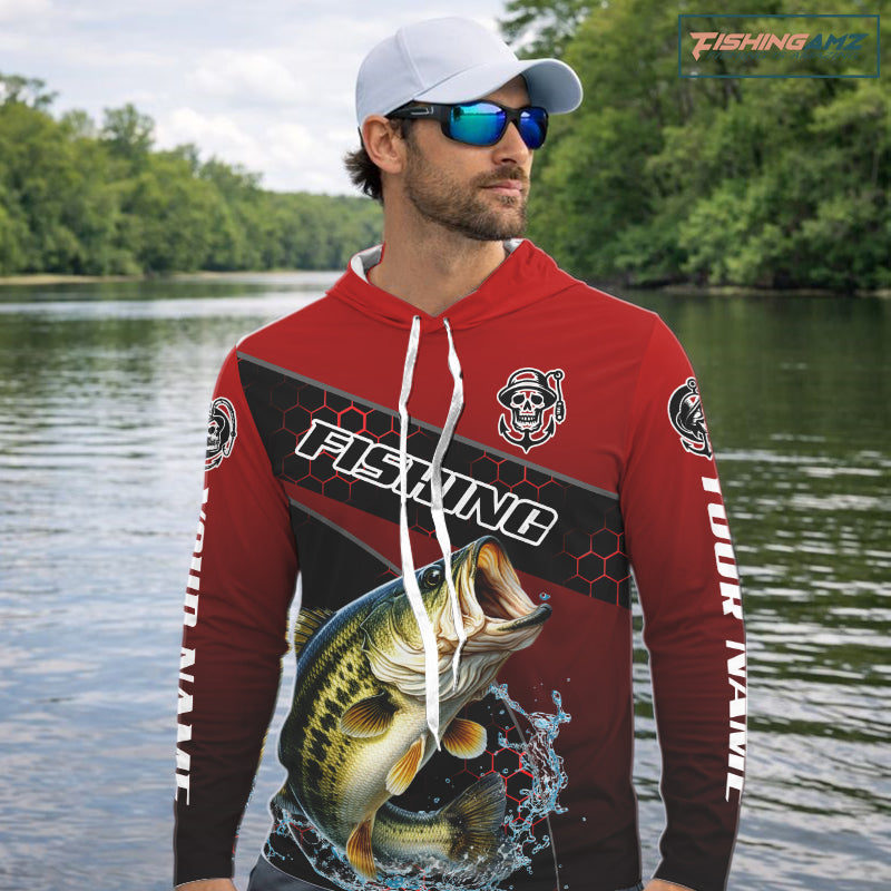 Largemouth Bass Hooded Fishing Shirts Red Camo Custom Name, Bass Fishing Shirts NBT463
