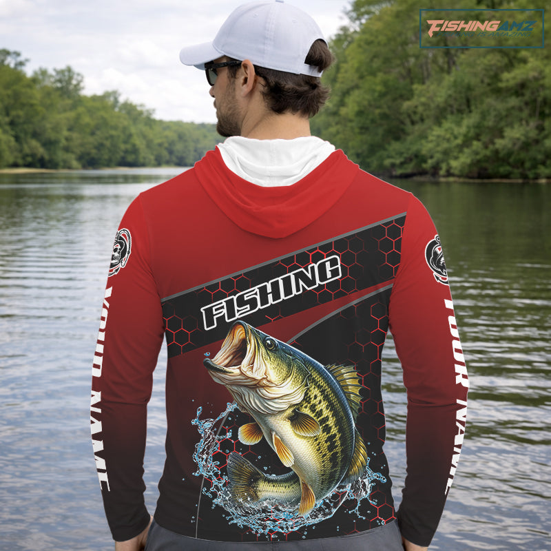 Largemouth Bass Hooded Fishing Shirts Red Camo Custom Name, Bass Fishing Shirts NBT463