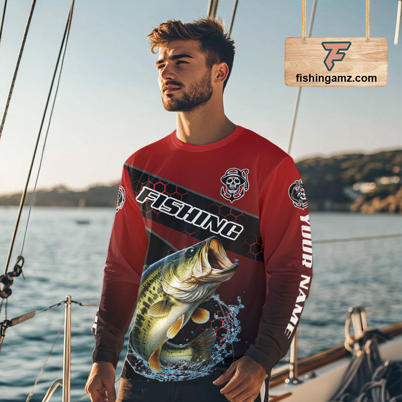 Largemouth Bass Fishing Shirts Red Camo Custom Name, Bass Fishing Shirts NBT463